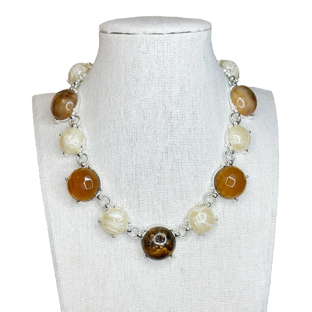 Trifari Signed Creams Tans Browns Acrylic Cabochon Statement Necklace